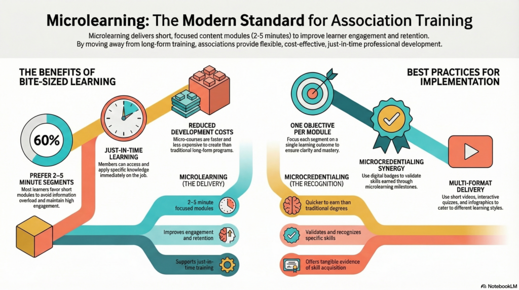 Microlearning consists of short, focused segments that target specific learning objectives, often ranging from two to five minutes in length.